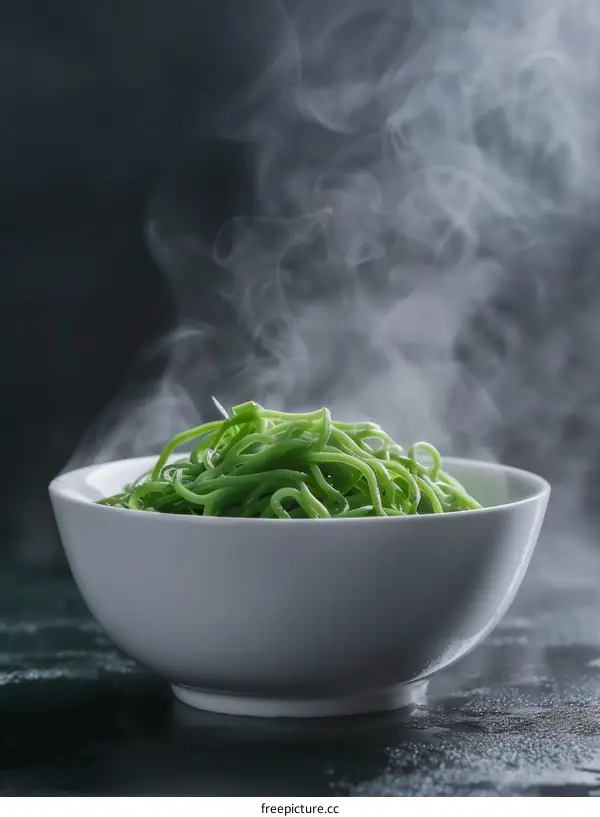 Green noodles in a white bowl with steam rising from it