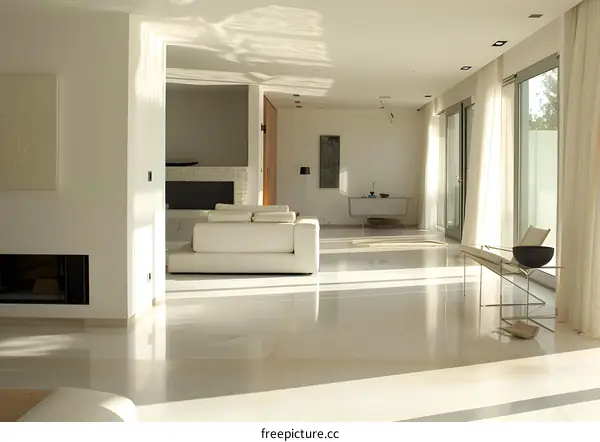 Modern Living Room with White Sofa and Large Windows