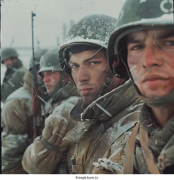 A group of soldiers in the snow during the Korean War.