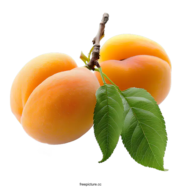 [Transparent Background PNG]Two apricots with green leaves isolated on white background