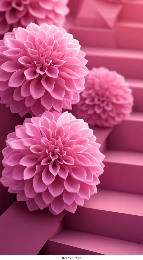 Pink Dahlia Flowers on Geometric Steps