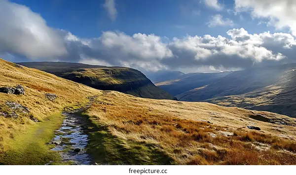 Mountain Landscape Path Under Cloudy Sky