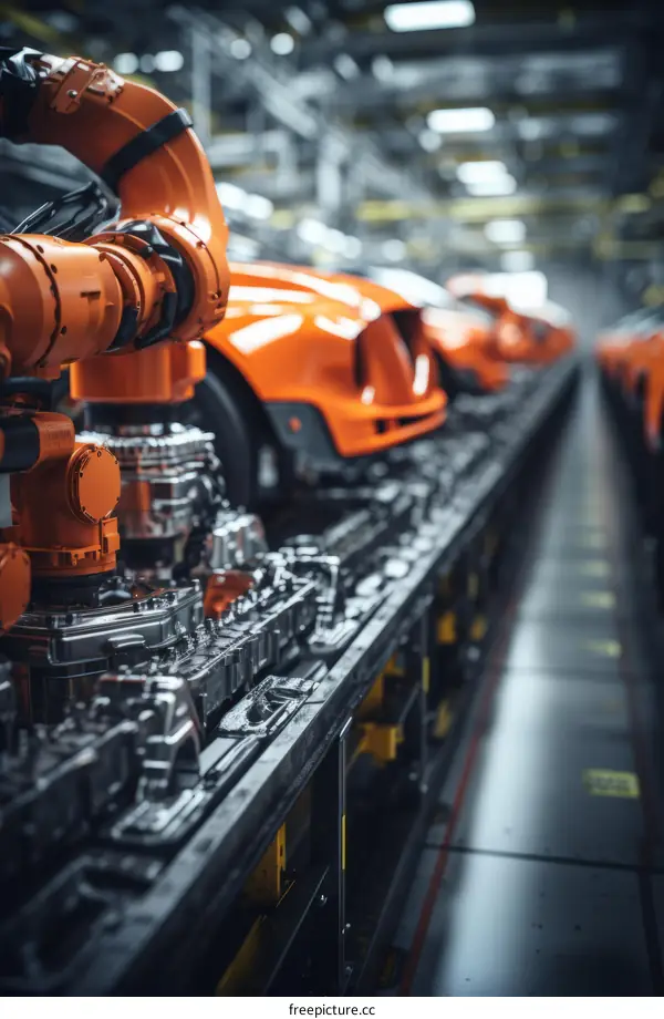 Robotic Arms Assemble Vehicle Engines in Automotive Factory