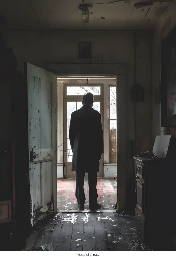 A man standing in a dark room with a broken door