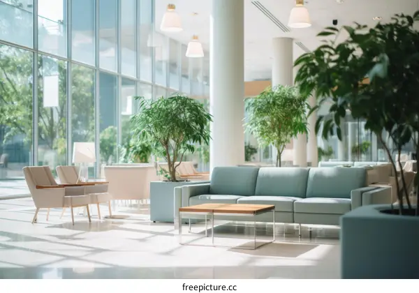 Modern Hospital Waiting Room with Glass Window and Greenery