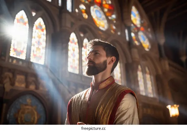 A man in medieval clothing is standing in a church.