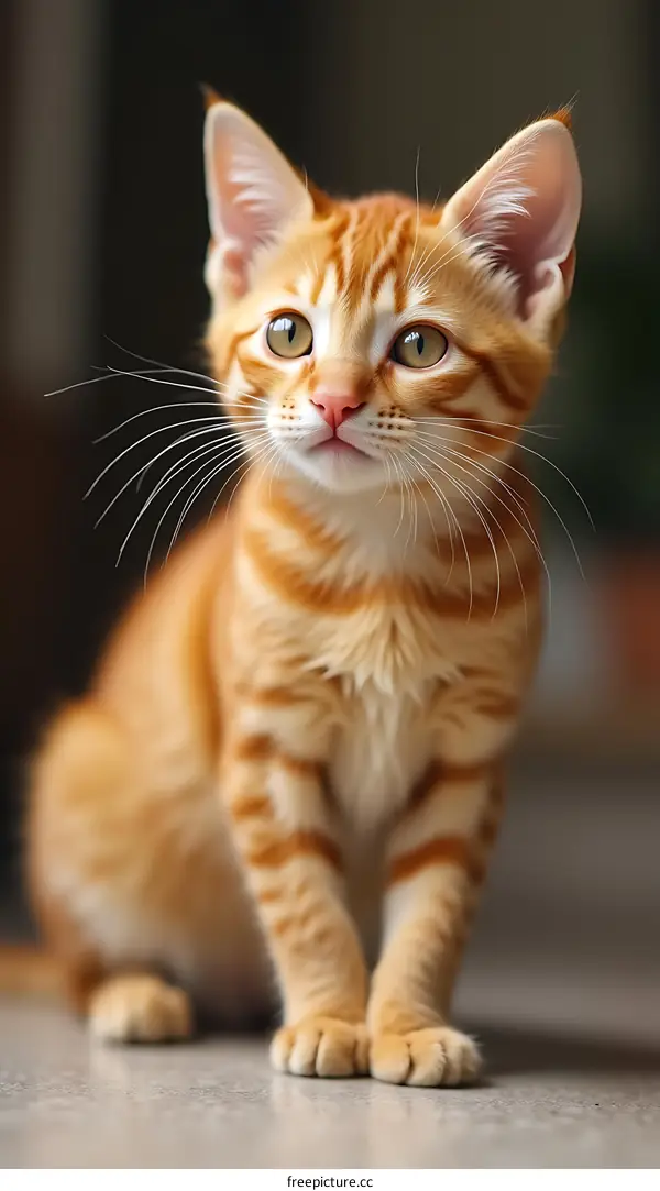 Cute Orange Tabby Kitten Sitting on Floor