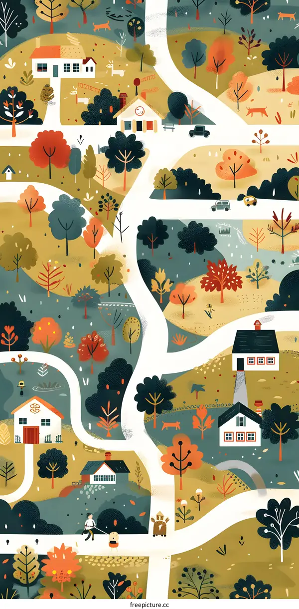 Autumn Village Illustration with White Road and Houses