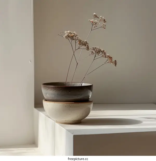 Ceramic bowl with plant on window ledge