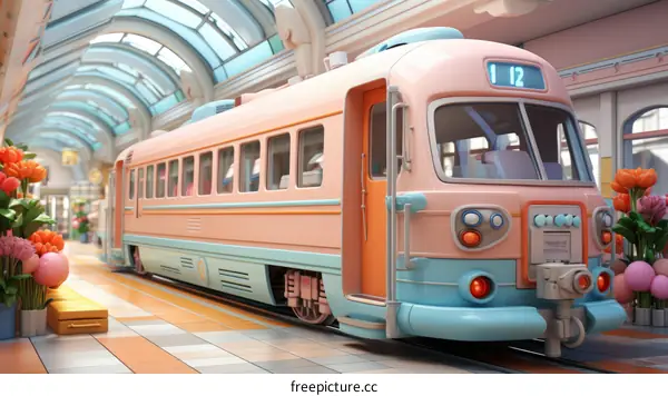 A pink and blue train sits in a station