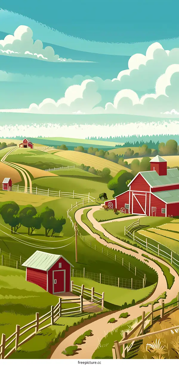 Countryside Landscape with Red Barns and Rolling Hills