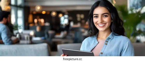Smiling Woman Using Tablet in Cafe