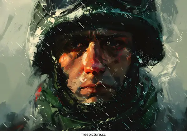 Portrait of a soldier wearing a helmet and scarf with a pained expression on his face