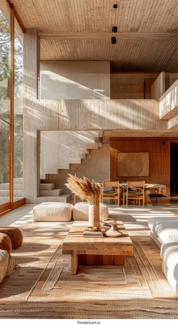 Modern house interior with minimalist design and large windows