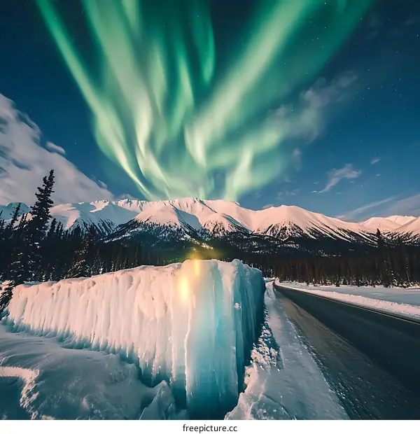 Northern Lights Aurora Borealis Display Over Snowy Mountains and Road