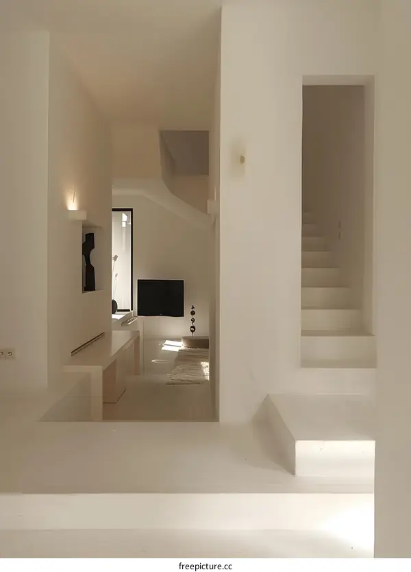 Minimalist White Interior Design With Stairs