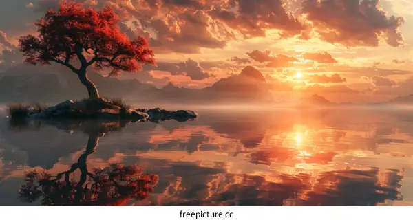 Lonely Tree on Serene Lake amidst Mountains at Sunset