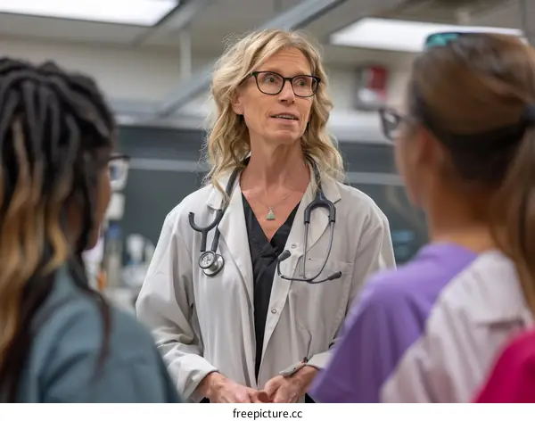 Female veterinarian talking to two students