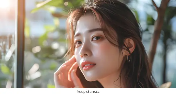 Closeup Portrait of a Young Asian Woman with Long Brown Hair Looking Off to the Side