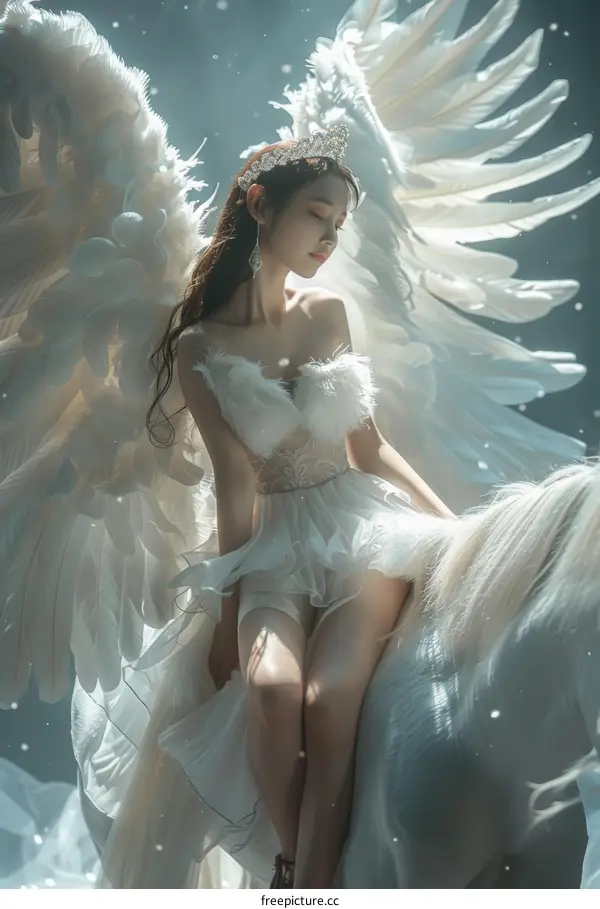 An ethereal maiden on her white unicorn