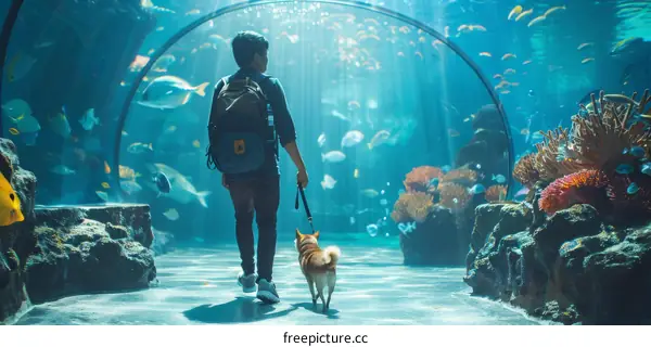 Man walking a dog in an aquarium