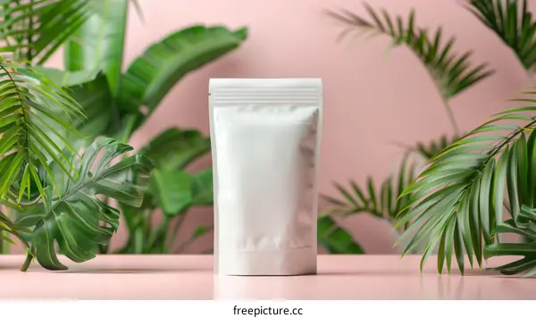 Blank white product packaging on pink background with tropical leaves