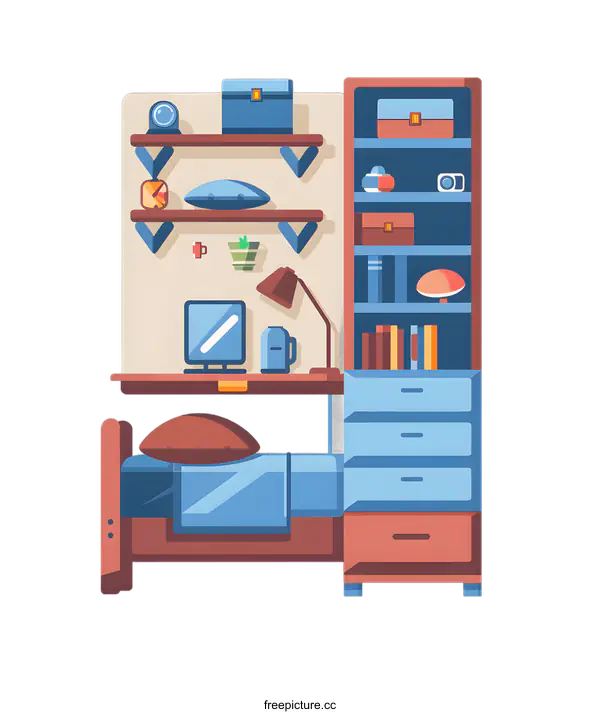 [Transparent Background PNG]Cartoon Illustration of a Small Bedroom with a Bed and Desk