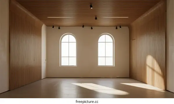 An empty room with wooden walls and two arched windows