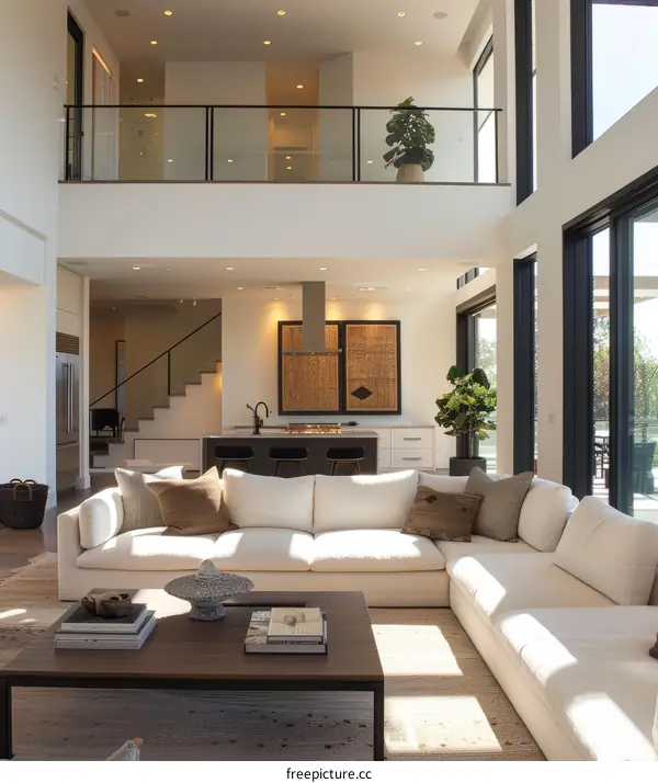 Modern Open Plan Living Room with High Ceilings and Natural Light