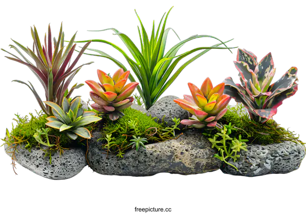 [Transparent Background PNG]Arrangement of Succulents and Green Plants in Rock Pots