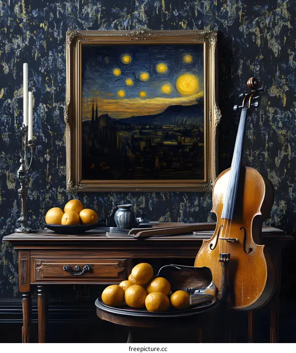 Cello, Lemons, and a Framed Painting of Starry Night