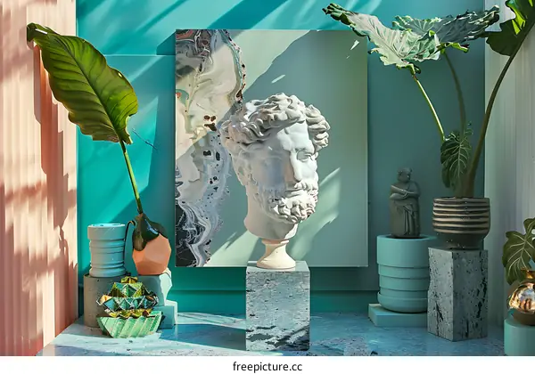Green and White Interior Design With a Sculpture