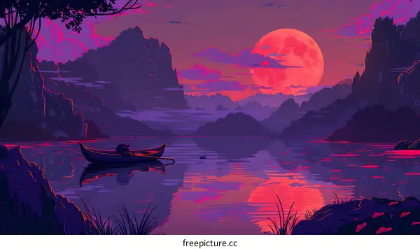 Purple Mountains Landscape with Red Moon and a Boat