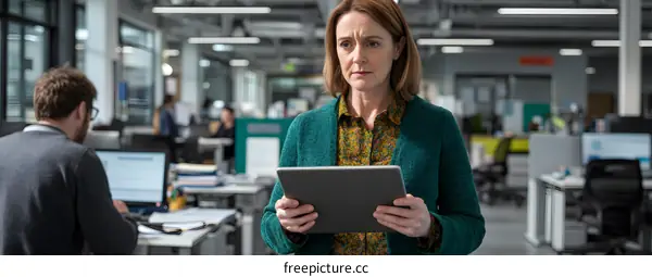 Woman Holding Tablet Looking Worried In Office