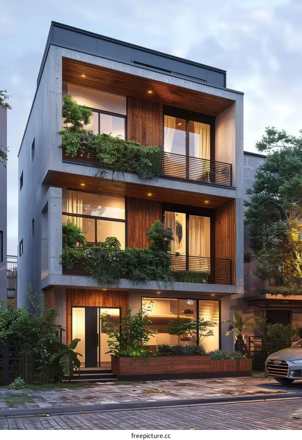 A three-story modern house with a flat roof and a minimalist design