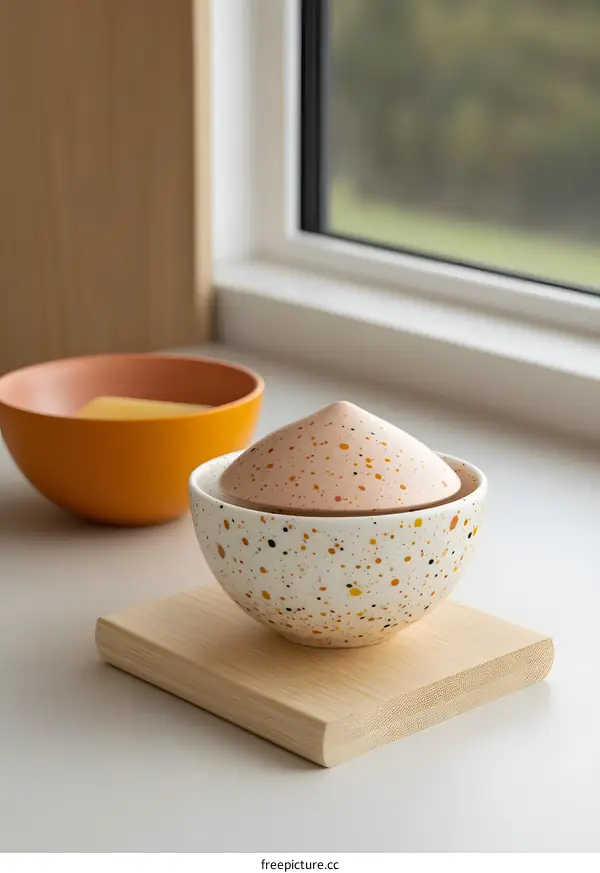 Speckled Ceramic Bowl with Lid on Wooden Coaster