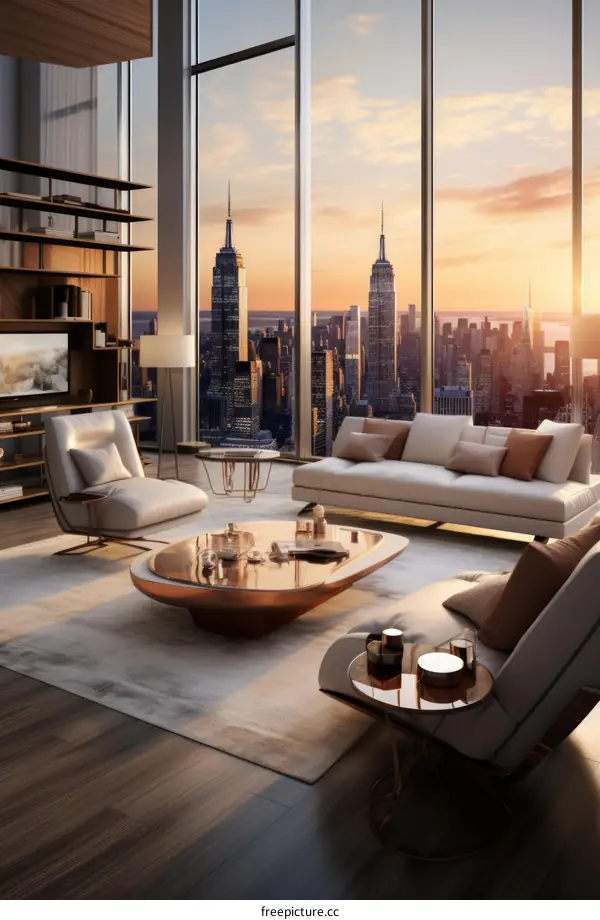 Modern living room interior design with a view of the city