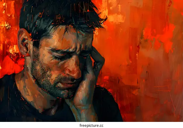 Man Holding His Head in Pain With Red Background
