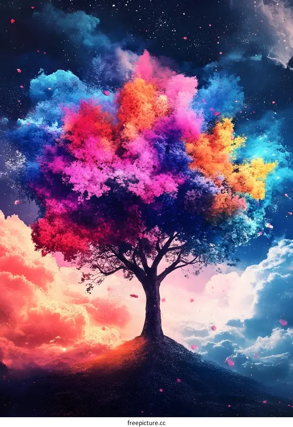 Rainbow Colored Tree with Stars in the Night Sky