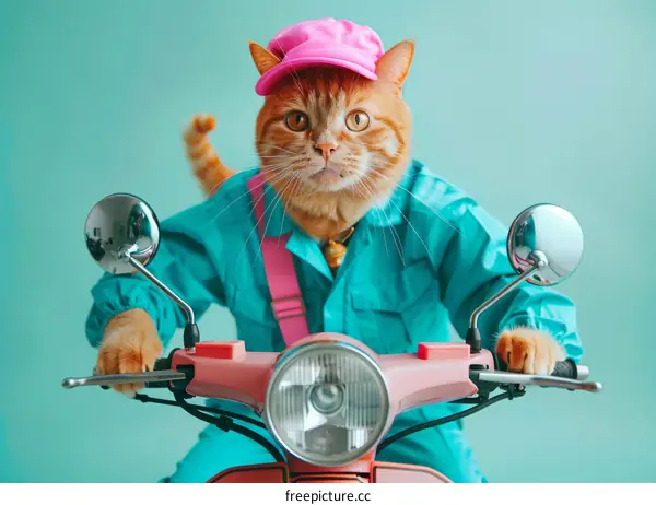 A ginger cat wearing a pink hat and blue jumpsuit is riding a pink scooter.