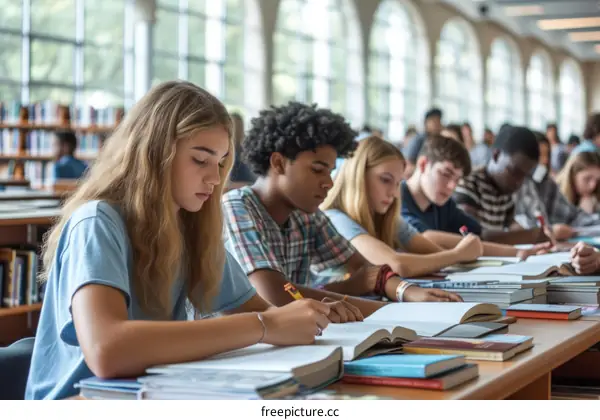 Diverse group of high school students studying together in the library
