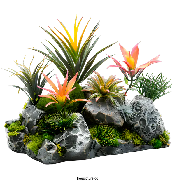 [Transparent Background PNG]Artificial Plants in Decorative Rock Arrangement
