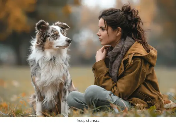 girl sitting on grass with Australian Shepherd dog