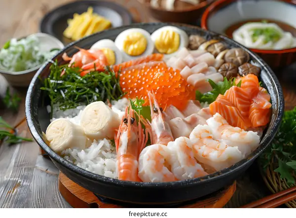 A delicious and healthy Japanese meal with rice, seafood, and vegetables