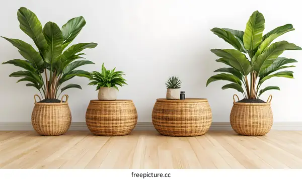 Minimalist Living Room Interior Design with Wicker Baskets and Green Plants
