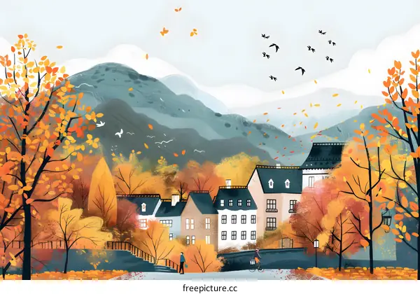 Autumn Landscape with Houses and People