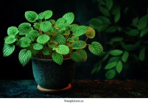 Illuminated Green Plant in Dark Background