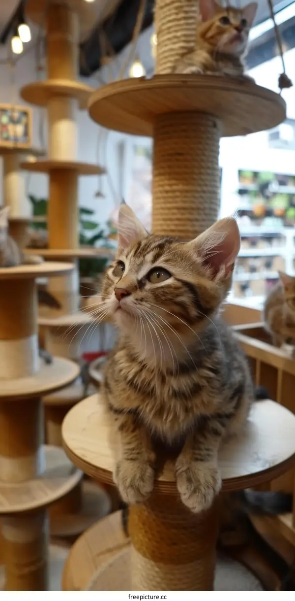 A cute tabby kitten sitting on a wooden cat tree