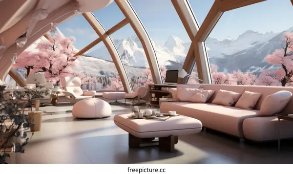 futuristic pink living room interior design with large windows and mountain views