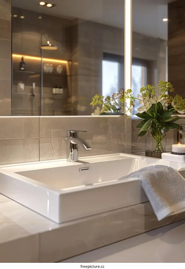 Close-up of a modern bathroom sink with a flower vase and a candle on the counter